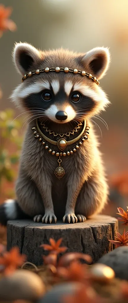 A charming and enchanting 3D render of a cuddly baby raccoon, adorned with intricate bronze accessories, sitting majestically atop a whimsical miniature landscape. The raccoons expressive eyes and fluffy fur capture the viewers heart, while the background ...