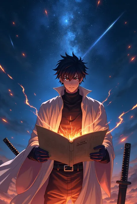 Make an anime character from the front, with a starry sky as shooting stars pass behind, make him with an extremely serious expression, with power emanating around, small visible rays of power, holding a map that is slowly being burned by his power, as he ...