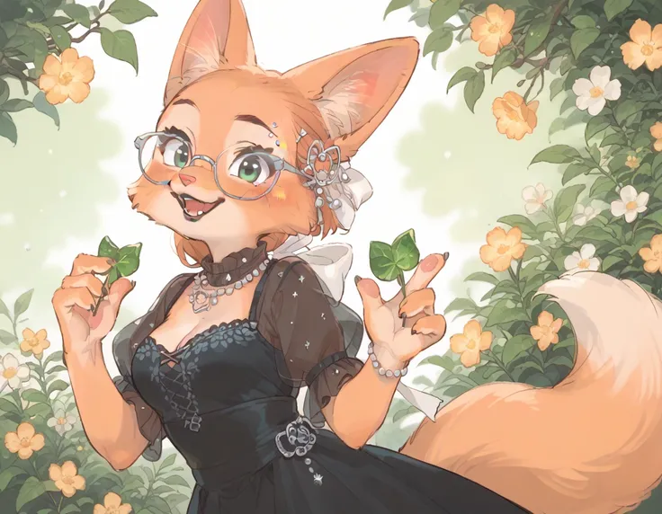 score_9, score_8_up, score_7_up, 2D art, digital art, Diane_Foxington, black eyebrows, silver piercings on eyebrow, fox tail, 4 fingers, black lipstick, emerald eyes, ginger fur, dusty-pink nose, glasses, dress, cute