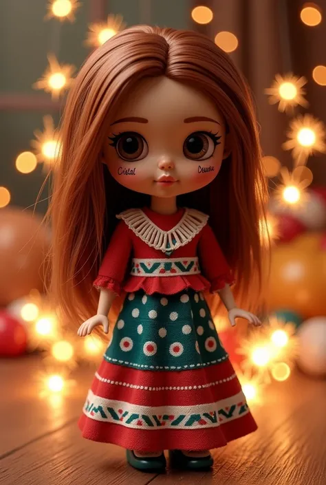 Mexican patriotic doll, light brunette, Short, shoulder-length, copper-colored straight hair, that on one side it says Cristal, with Mexican sparks in the background