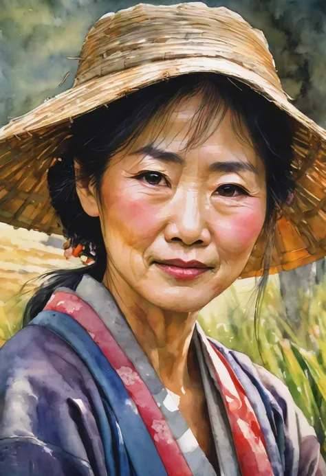 A model-style close-up of a beautiful middle-aged Japanese woman working as a farmer. The focus is on her strength and natural beauty. The watercolor style emphasizes even stronger color bleeding, smooth gradients, intense blurring, and soft edges. The ima...