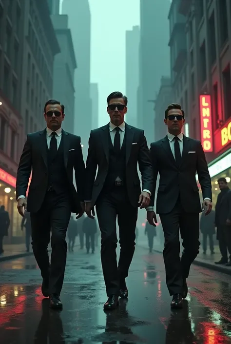 Elegant 3 man,  Walking straight through a gloomy city full of tall buildings surrounded by prostitutes 