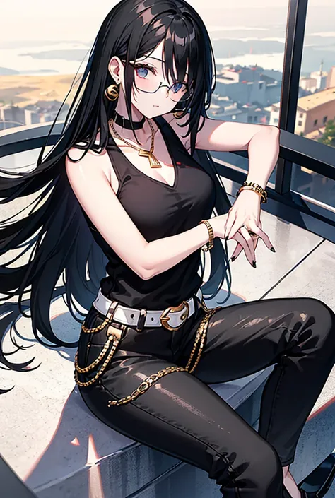 Girl with long straight black hair wearing sunglasses, a black sleeveless sweater, white pants and black heels, with bracelets, gold necklace and earrings One hand on the waist, and the other resting on the glasses A landscape looking like a photography st...