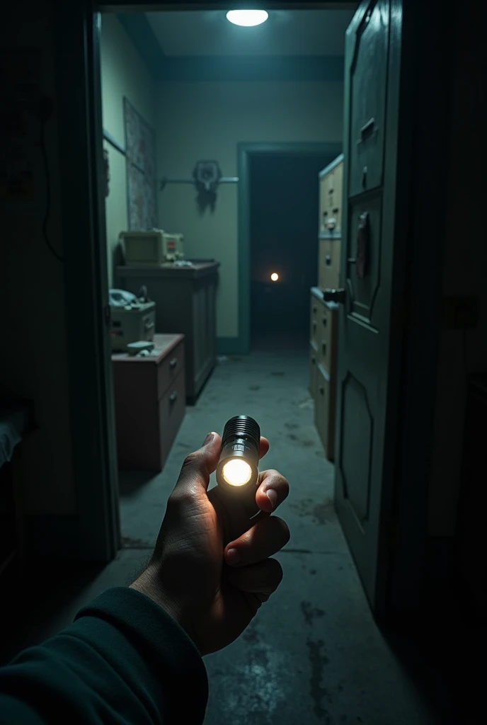 Back room level 1 first person perspective with a small flashlight in hand 