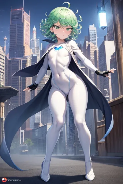 Masterpiece, best quality, ultra detailed, illustration, lighting epic, cinematic composition, 1 girl, Tatsumaki, short hair, green hair, very small breasts, green eyes, bright eyes, pouting, blushing, closed mouth, piercing gaze, full body, tall and slend...