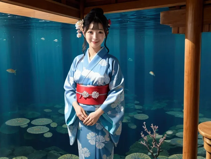 smile、8K quality、Highest quality、Beautiful Eyes、Healthy body shape、Traditional Japanese Beauty、A beautiful kimono-clad woman blends into the interior、Colorful kimono、With a mysterious underwater city in the deep blue sea as a backdrop、A woman wearing a dee...