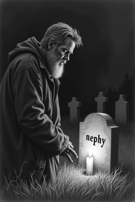 Pencil drawing, man 50 with 3 day beard . Dark background goes to cemetery at night lights candle at grave of "Nephy"