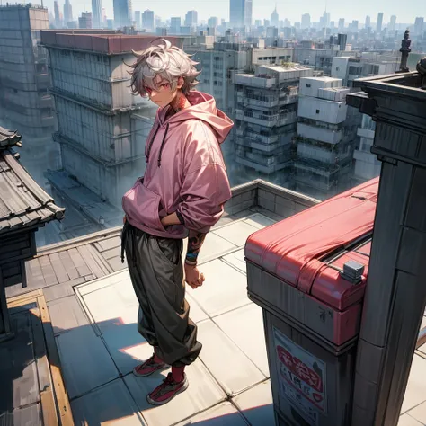 1male, young adult, tan skin, finely detailed pink eyes, wild medium hair, grey hair color, hoodie, baggy pants, standing on building, day time, tokyo city, calm expression, muscular, tattoos, knealing on rooftop