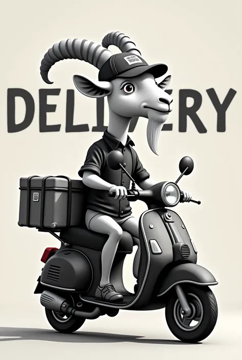 A goat delivering snacks on a black and white motorcycle in the background with the word delivery in front as a logo