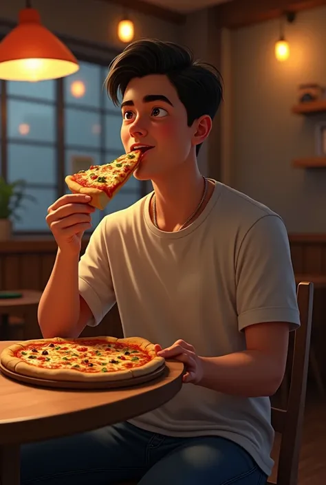 A young man eating pizza (that is not animated)

