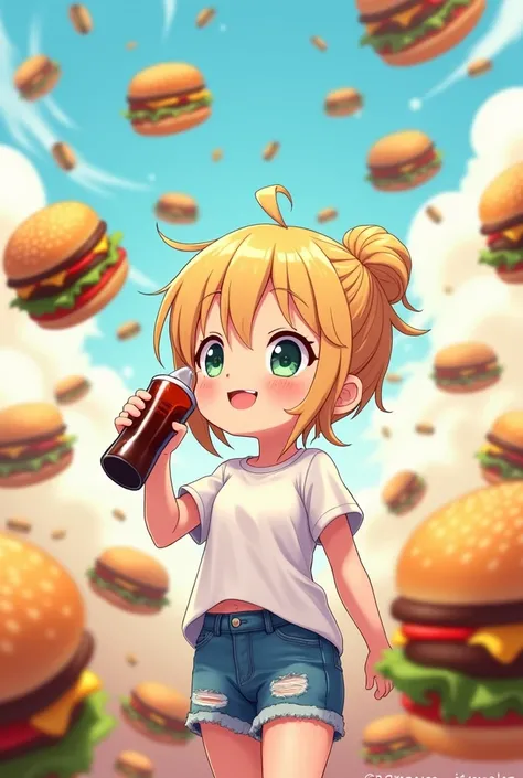 カラフルなbackgroundにハンバーガーがたくさん飛んでいる(background)Break Chibi character with blonde hair(Loose bun hair)Break(White T-shirt and distressed denim)Break(cute)Girl smiling(Cola)Drinking Break(Dreamy)(Anime Style)