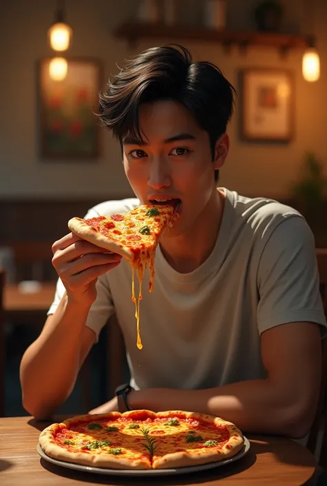 A young man eating pizza (that is not animated)

