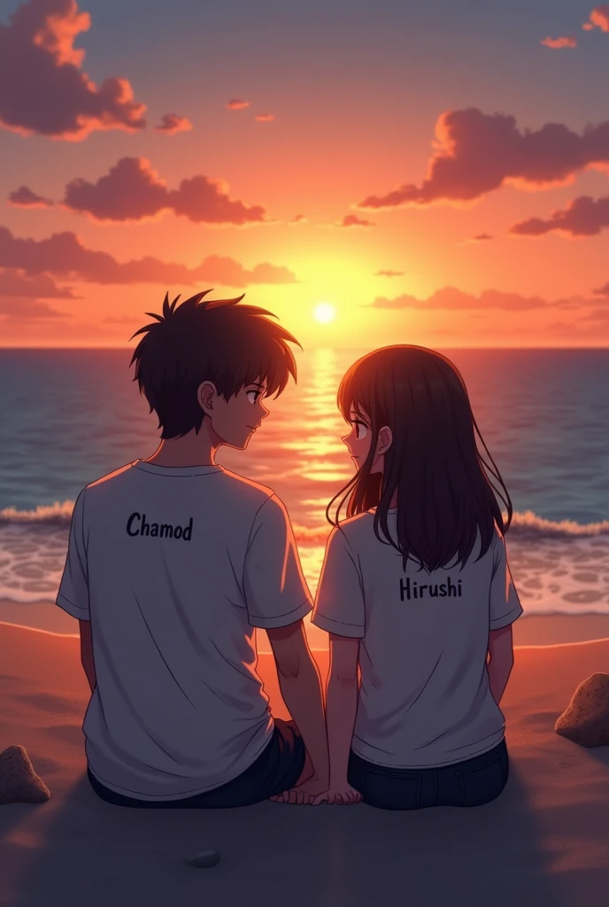 a couple sitting on a beach enjoy sunset, boy wearing a shirt chamod writen on it and garl wearing a shirt hirushi writinen on it