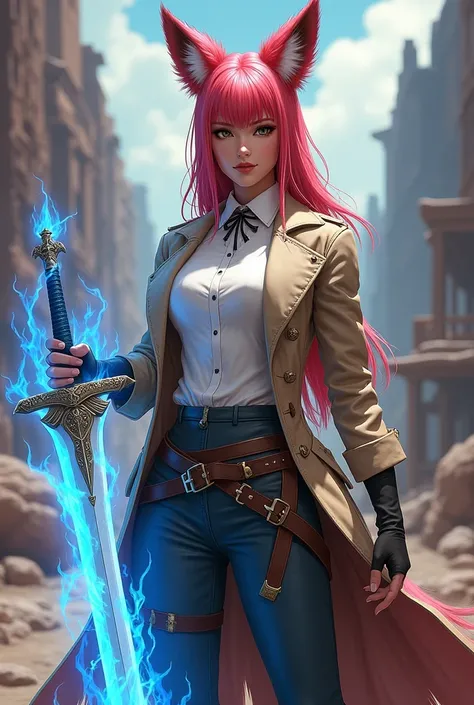 You would like a tall and beautiful woman who is part fox, with red fox ears and a tail. She has straight pink hair with bangs and is both physically lean and strong, with visible muscles. She wears formal clothes and a light trench coat with belts wrapped...