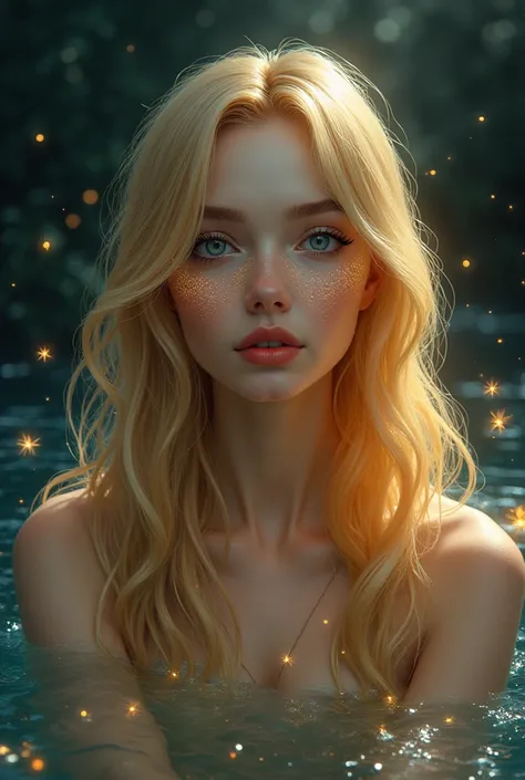 Realistic drawing of an extremely woman, long shiny golden hair, shiny and prominent skin, very blue eyes shining, Perfect face, small nose, full lips, very beautiful, dressed in a golden silk dress, in dark magical waters with fireflies illuminating, face...