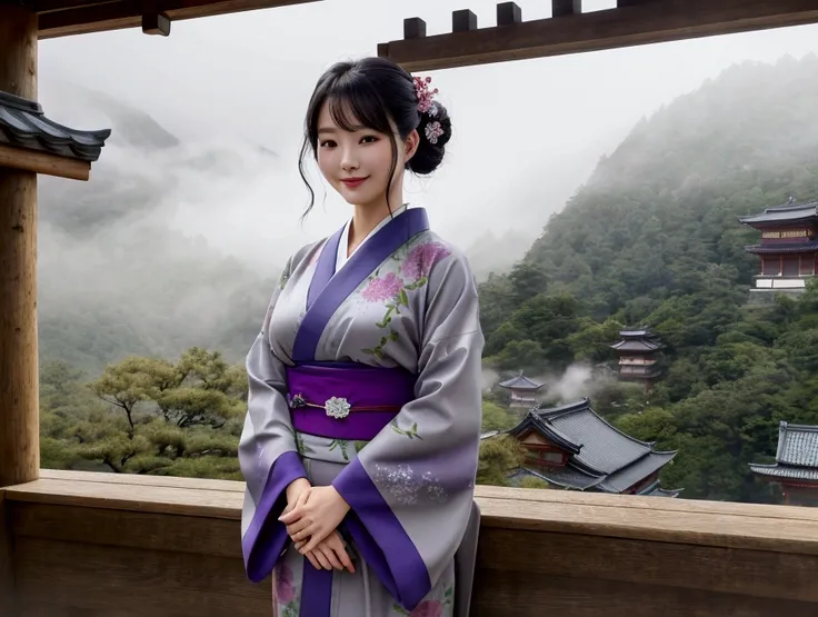 smile、8K quality、Highest quality、Beautiful Eyes、Healthy body shape、Traditional Japanese Beauty、Colorful kimono、A woman standing in a mountain valley shrouded in deep mist。She was wearing a purple and grey kimono that blended in with the mist.、An ancient st...