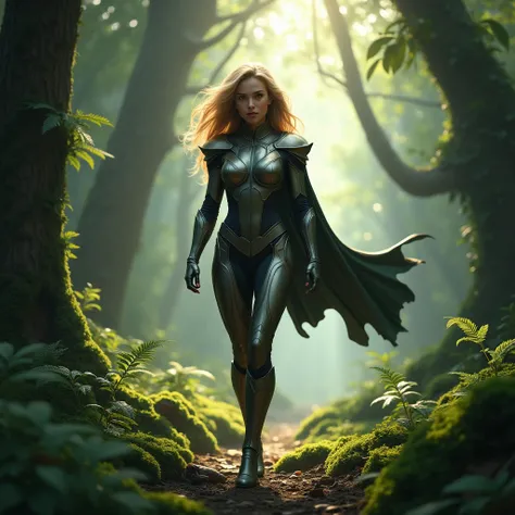 superheroine walking through the forest 