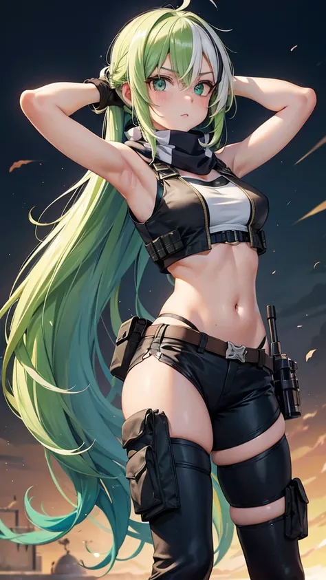 all realistic intrincate details, scarf, symmetrical face, cara identica a lalatina de konosuba, crop tank top, bulletproof vest, cargo pants, gloves, sniper rifle, scope, trigger discipline, desert, middle eastern architecture, must raised armpit, holding...