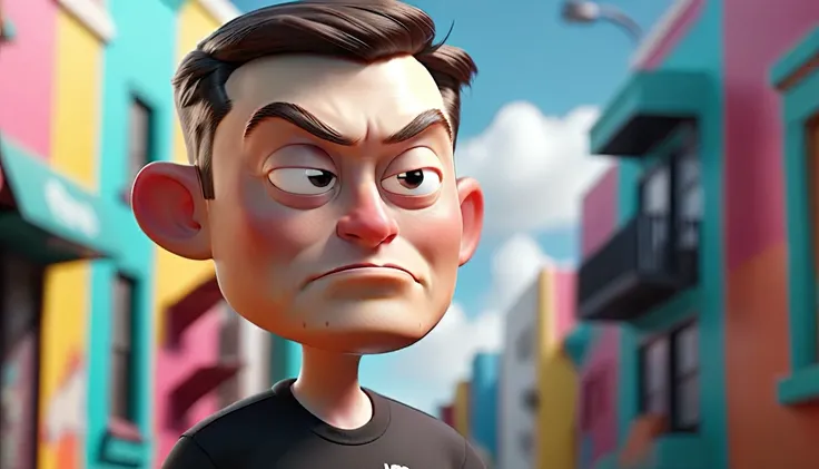 3D cinematic film.(caricature:0.2). 4k, highly detailed, a happy Elon Musk looking straight to the camera, wearing a black t-shirt with word PINGÚ The background reveals colorful buildings with murals and an empty street of miami.