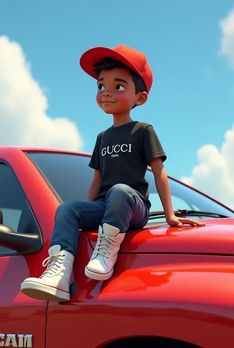 Pixar-type image of a boy with light skin and black hair wearing a red cap and a black Gucci shirt with jeans and white tennis shoes on the roof of a modern 2007 red Ram double-cab pickup truck