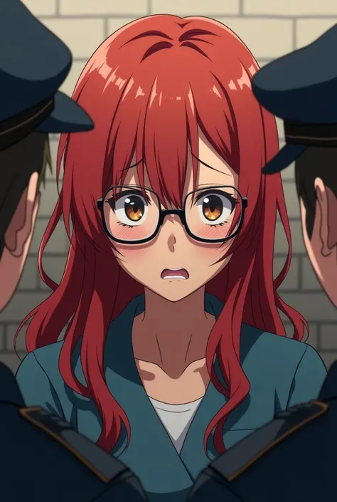 She personifies a red-haired woman with glasses., that it looks like the photo when they are arrested. The style is moderately realistic anime