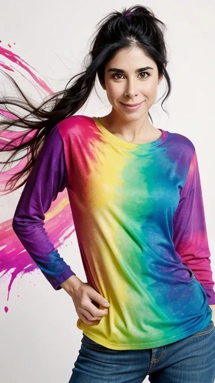 Sarah Silverman wearing colorful dyed clothes happy and smiling