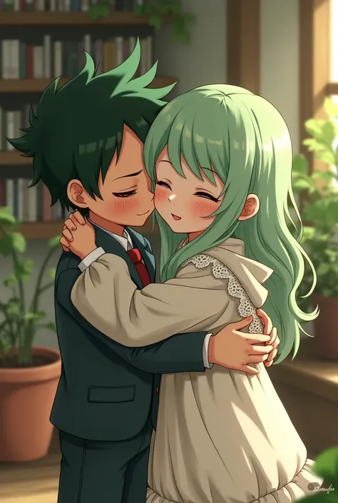 A boy being hugged by another boy but the boy being hugged looks like a girl and it looks like he is in a costume By Tatsumaki from One Punch Man and it has to look realistic 