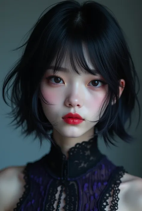 One of the white skin. Your hair is shoulder length, with a slightly large fringe, her hair is black with very dark blue and dark purple highlights, your face is a little round like chinese, your eyes are black, your lips very red and without lipstick, 