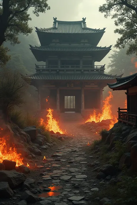 Traditional Japanese palace in ruins in the middle of the forest on fire in perspective from below seen from close up