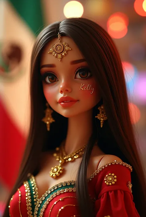 Mexican patriotic doll, light skin, straight hair long to the hip, Brown color, that on one side says Kelly, with Mexican sparks in the background and Mexican flags 