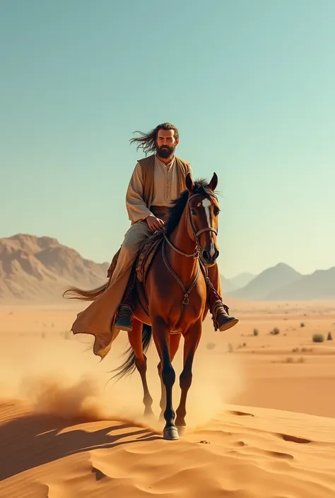 Mens riding horse in desert 