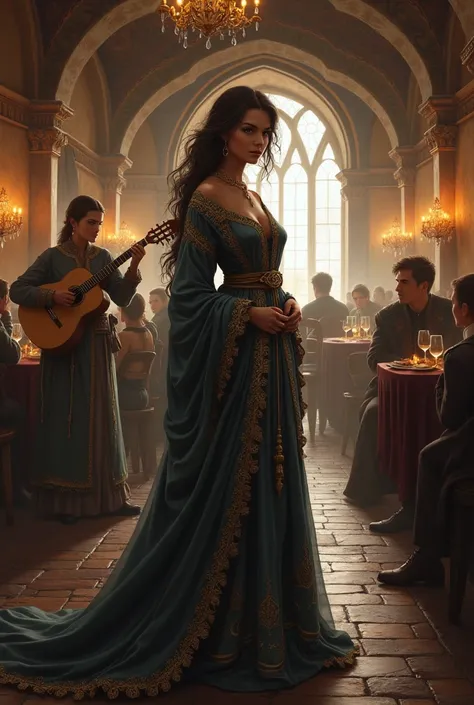 I want a picture of a fantasy tavern, medieval, bard atmosphere, and a woman in robes.