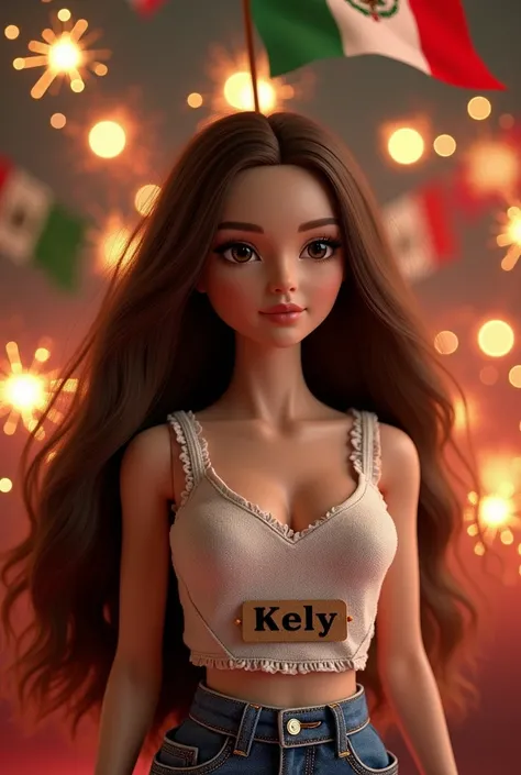 Mexican patriotic doll, clear skin, straight hair long to the hip, Brown color, that on one side says Kelly, with Mexican sparks in the background and Mexican flags 