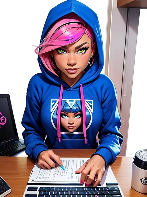 Zendaya , 1girl, blue eyes, blue hoodie, computer, earrings, hood, hoodie, jewelry, keyboard (computer), logo, logo parody, mouse (computer), multicolored eyes, pink hair, recycle bin, solo, white background, yellow eyes, , 