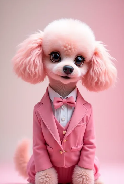 Pink poodle wearing pink dress suit