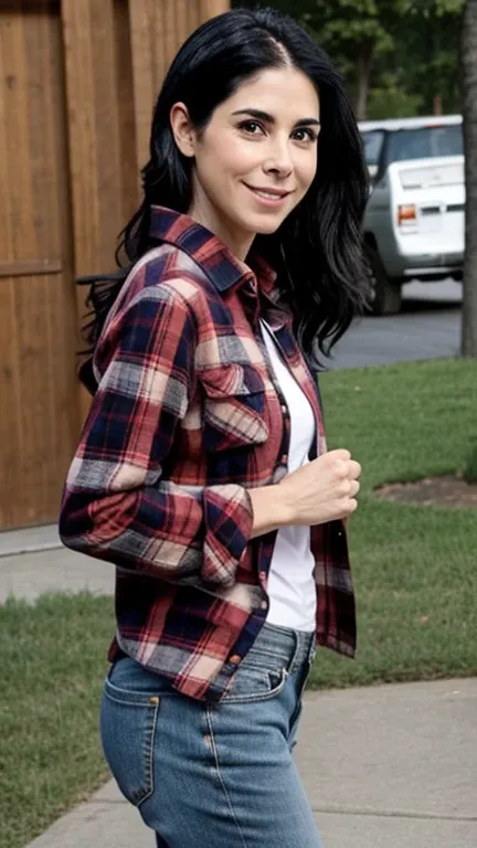 Sarah Silverman wearing simple plaid clothes and smiling