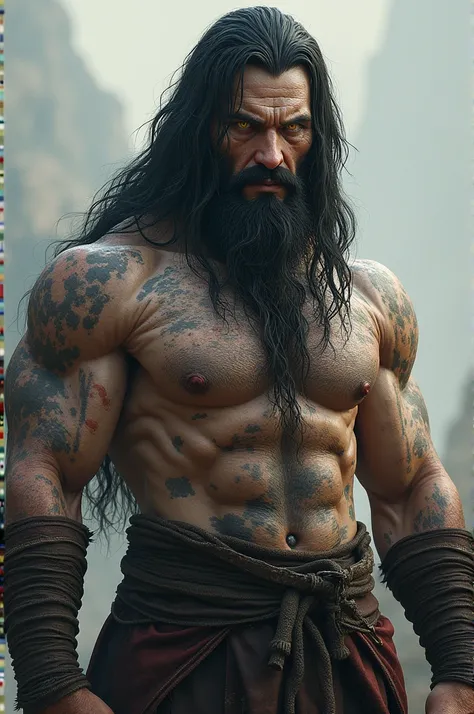 A man of about 2, White skin, long uncombed black hair, with visible scars of different sizes all over his body, bright yellow eyes, large musculature, SERIOUS LOOK. Mongolian origin 
