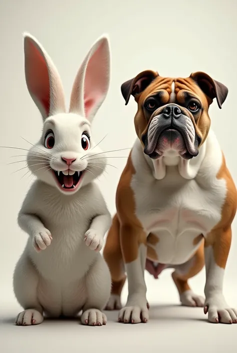 Unhinged Bunny and bulldog standing side by side