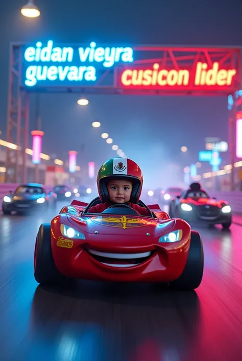 (photorealism:1.2), big blue neon sign that says "Eidan Vieyra Guevara" and under it a red neon sign that says "Lider de la escuderia cars" and under it, a kid of , riding the car lightning mcqueen and racing other cars with a helmet on the kid with the me...