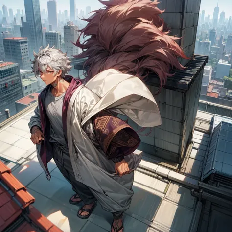 1male, young adult, tan skin, finely detailed plum eyes, wild medium hair, grey hair color, hoodie, baggy pants, standing on building, day time, tokyo city, calm expression, muscular, tattoos, knealing on rooftop