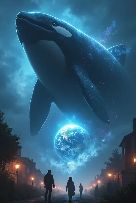 A celestial orca that is coming across the universe to devour planet earth, people leaving their house, comes across a breathtaking sight of a gigantic orca in the sky opening its mouth in preparation to devour planet Earth