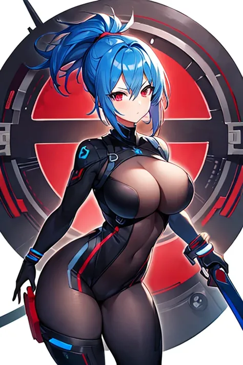 1girl, blue hair, very short hair, ponytail, long ponytail, red eyes, bodysuit, black bodysuit, sword, serious, large breasts, thick thighs, futurístic, tech, science-fiction, machinery, tonedz hourglass figure, mature female