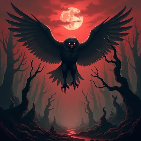 human-owl hybrid from hell flying over a dark forest, devilish, hell, dark, witch, carnivorous, bloodthirsty