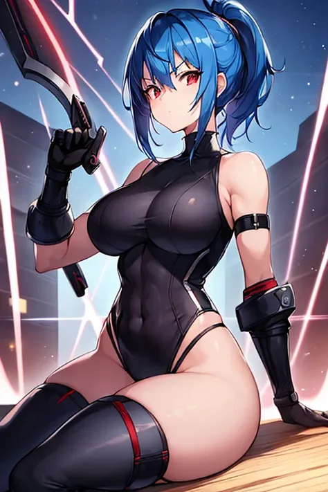 1girl, blue hair, very short hair, ponytail, long ponytail, red eyes, bodysuit, black bodysuit, sword, serious, large breasts, thick thighs, drone, futurístic, tech, science-fiction, machinery, toned, hourglass figure, mature female,