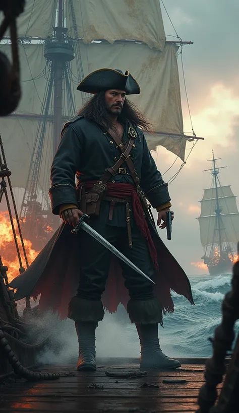 Ancient pirate on a ship at war in the sea, that you can see the water behind and the explosions. 