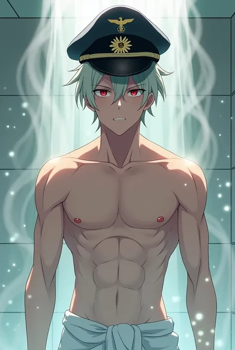 Create, in anime-style image, a white man, with red eyes and gray-greenish hair who only wears a towel around his waist, his body not being muscular but isnt fat and is coming out of the shower, so the background is from a shower and there is water vapor a...