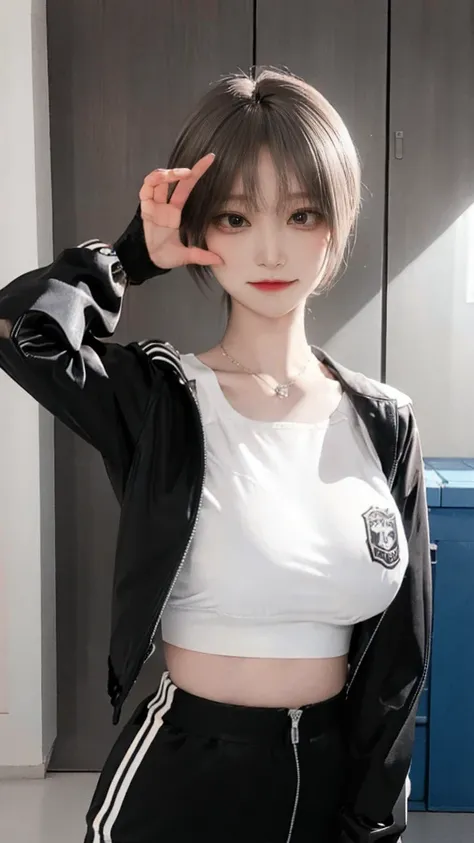 best quality, ultra high res, (photorealistic:1.4), upper body, 1girl, loose and oversized black jacket, white sports bra, (short yoga pants:1), (Kpop idol), (aegyo sal:1.3), large breasts, (light brown short twitails:1.2), ((puffy eyes)), looking at viewe...