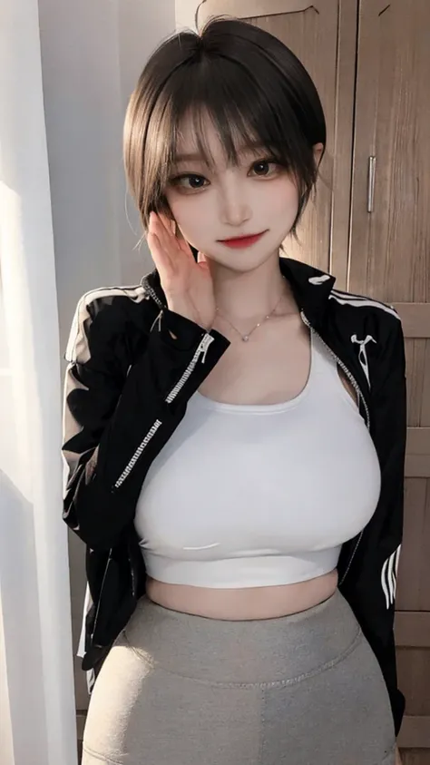 best quality, ultra high res, (photorealistic:1.4), upper body, 1girl, loose and oversized black jacket, white sports bra, (short yoga pants:1), (Kpop idol), (aegyo sal:1.3), large breasts, (light brown short twitails:1.2), ((puffy eyes)), looking at viewe...