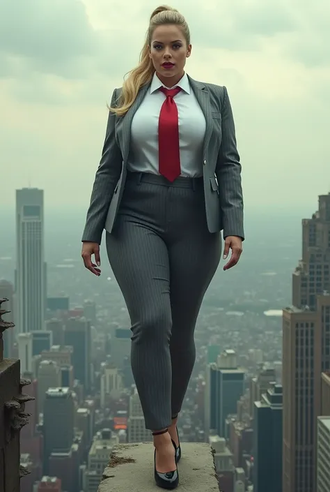 1 woman beautiful curves a massive thighs blonde ponytail red lips wearing a perfect form fitting grey pinstriped suit and blazer with a ((large blade width and  massive windosr knot crimson red tie, tied up to fill the large collar of shirt)) white shirt ...