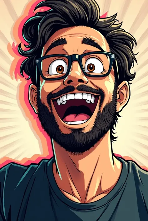 (man in manga drawing format, very low hair, black square glasses, rock shirt, eyes browns, Caucasian skin, very short black beard, very small nose, LAUGHING OUT LOUD)